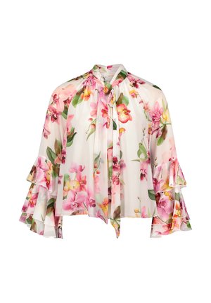 Gennemsigtig hvid blomsterbluse med lyserøde og gule blomster, høj hals med bundet sløjfe og lagdelte flæseklokkeærmer.