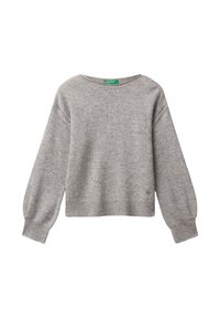 Szary sweter dzianinowy z szerokim dekoltem, długimi rękawami, ściągaczami na mankietach i dole. Posiada subtelne dziurkowane detale na ramionach.