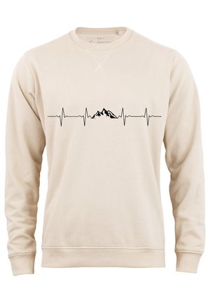 Beige Sweatshirt mit einem schwarzen Herzschlag-Linien-Design und einer Bergsilhouette in der Mitte. Hergestellt aus weichem, strukturiertem Stoff.