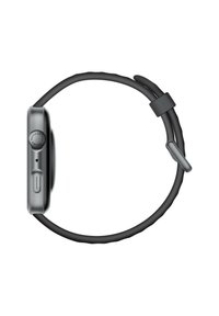 Smartwatch with a round face, black aluminum case, and a flexible black silicone band. Features a digital crown and side buttons.
