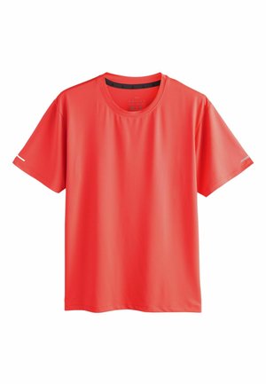 Bright red, short-sleeve athletic T-shirt with a crew neckline and subtle reflective strips on each sleeve.
