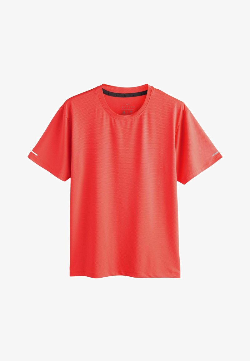 Leuchtend rotes Sport-T-Shirt mit kurzen Ärmeln, Rundhalsausschnitt und dezenten reflektierenden Streifen an jedem Ärmel.