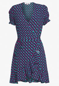 Vestito avvolgente con maniche corte a sbuffo, motivo geometrico in turchese, rosa e nero, scollo a V e cintura annodata in vita.