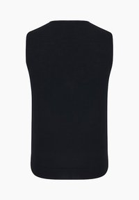 Czarny bezrękawnik z okrągłym dekoltem, wykonany z miękkiej tkaniny, o gładkiej fakturze i dopasowanym kroju z prążkowanym dołem.