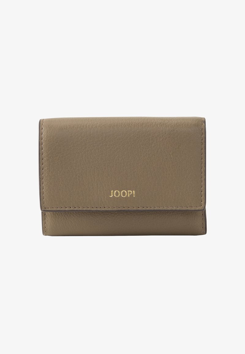 Portafoglio compatto in pelle taupe con logo JOOP! dorato centrato sulla patta frontale, che mostra materiale strutturato e bordi cuciti.