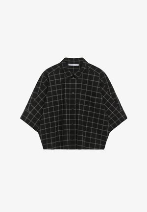 Schwarzes Hemd mit einem grauen Karomuster. Kurzärmlig, mit Knopfverschluss und Kragen. Hergestellt aus einem strukturierten Stoff.