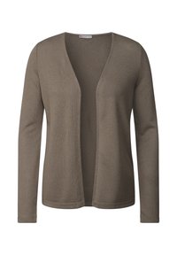 Cardigan à manches longues, ouvert à l'avant, de couleur marron clair, avec un tissu tricoté texturé et une coupe décontractée sans fermeture.
