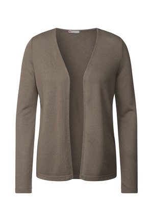 Long-sleeve, open-front cardigan in light brown, featuring a textured knit fabric and a relaxed fit without fastenings.