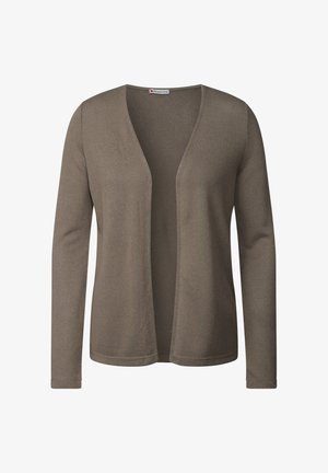 Long-sleeve, open-front cardigan in light brown, featuring a textured knit fabric and a relaxed fit without fastenings.
