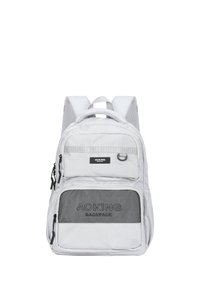Zaino grigio con più compartimenti con zip, tasca frontale in rete, spallacci imbottiti e logo AOKING. Realizzato in tessuto resistente con una texture liscia.