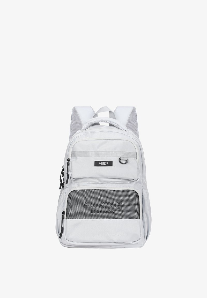 Zaino grigio con più compartimenti con zip, tasca frontale in rete, spallacci imbottiti e logo AOKING. Realizzato in tessuto resistente con una texture liscia.
