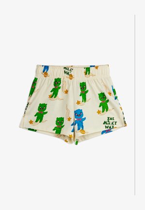 Shorts cremisi per bambini con orsi fumettistici verdi e blu che indossano fiocchi rosa tra stelle e pianeti, con la scritta "The Milky Way".