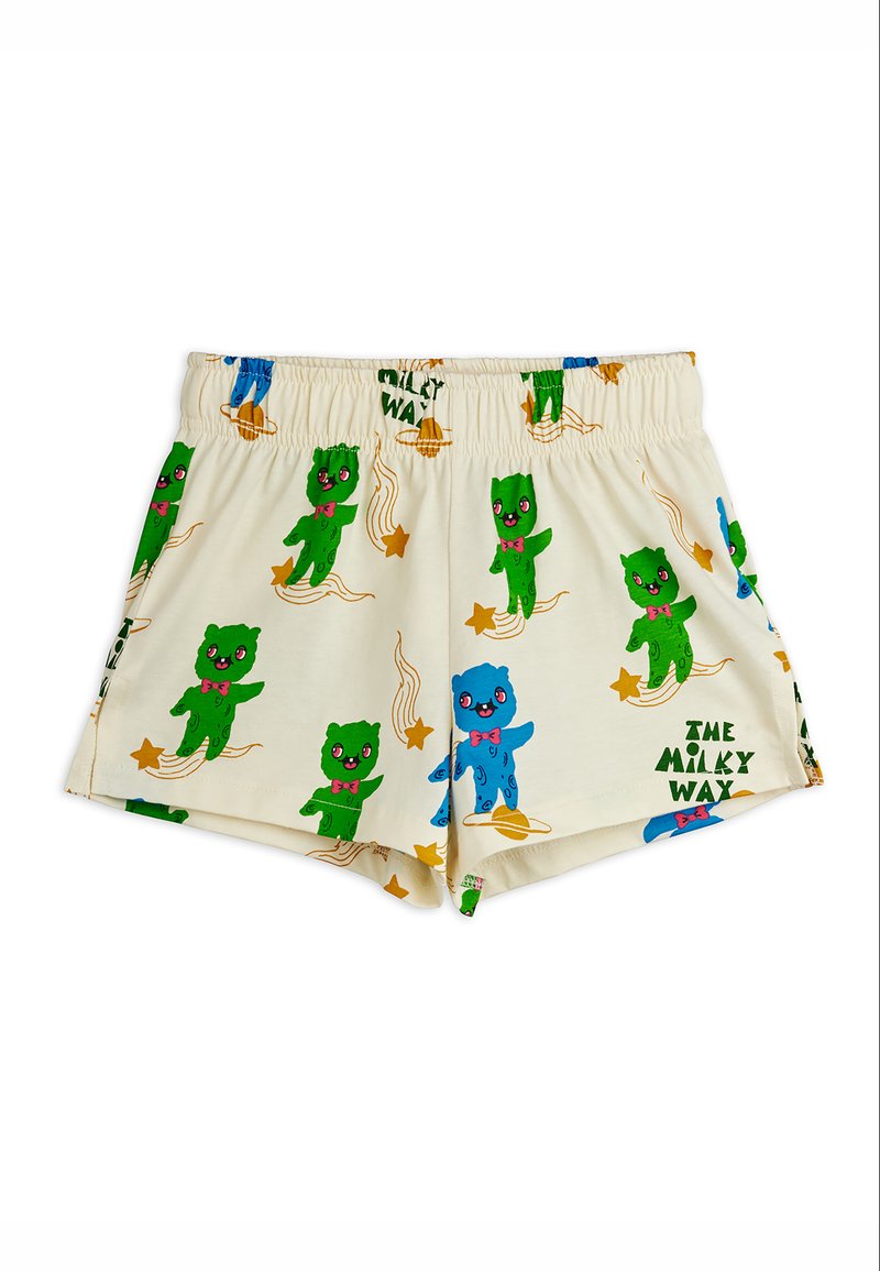 Κρεμ σορτς για παιδιά με πράσινες και μπλε καρτούν αρκούδες που φορούν ροζ φιόγκους ανάμεσα σε αστέρια και πλανήτες, με το κείμενο «The Milky Way».