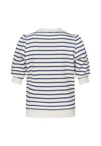 Stribet pullover med navy og hvide vandrette striber, puffede ærmer, rund hals og ribbet kant og manchetter i blødt stof.