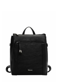 Sac à dos en cuir noir avec une finition texturée, une poignée supérieure et des bretelles réglables. Il possède une poche avant zippée et un design élégant.