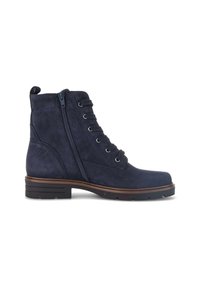 Stivaletto alla caviglia in suede blu navy con cerniera laterale, laccio frontale, rifiniture marroni su suola nera spessa e con linguetta sul retro.