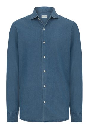 Niebieska koszula jeansowa na guziki z długim rękawem, kołnierzykiem i białymi guzikami, oznaczona marką Dan John.