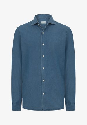 Blaues Jeanshemd mit langen Ärmeln, Kragen und weißen Knöpfen, Etikett Dan John.
