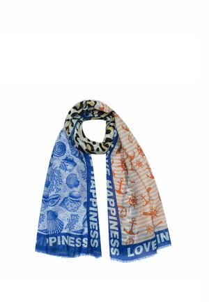 Scarf with blue seashell and coral patterns, leopard print, and orange nautical anchors, ship wheels, and compasses, with "HAPPINESS" text borders.