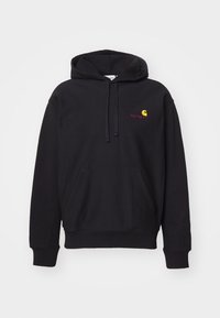 Schwarzer Hoodie mit Kängurutasche, Kapuze mit Zugband und gesticktem Logo in Gelb und Rot. Weiches Baumwollmaterial mit gerippten Bündchen.