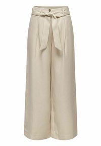 Beige vida byxor i mjukt tyg, med hög midja, knytband och en enkel knappstängning fram.