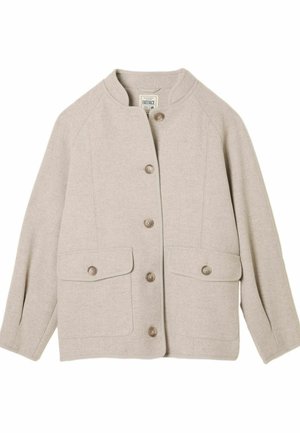 Beige Jacke aus Wollmischung mit rundem Kragen, vorderen Knöpfen und zwei aufgesetzten Taschen, mit strukturiertem Finish und tailliertem Schnitt.