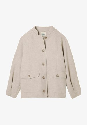 Beige Jacke aus Wollmischung mit rundem Kragen, vorderen Knöpfen und zwei aufgesetzten Taschen, mit strukturiertem Finish und tailliertem Schnitt.