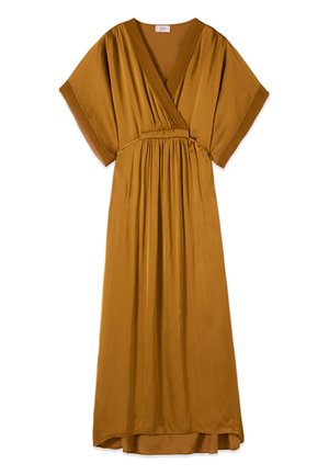 Mustard yellow midi dress with short wide sleeves, deep V-neck wrap front, gathered waist detail, and flowing skirt.