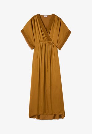 Mustard yellow midi dress with short wide sleeves, deep V-neck wrap front, gathered waist detail, and flowing skirt.