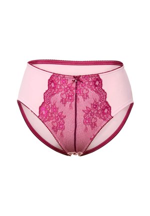 Hooggesneden roze slip met bloemenkant in donkerroze. Heeft een strikaccent in het midden en een soepele, elastische tailleband.