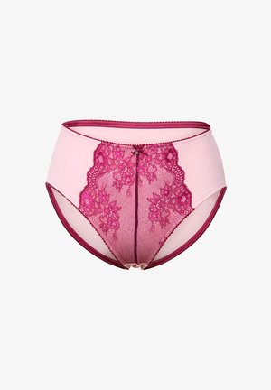 Mutande alte color rosa con dettagli in pizzo floreale di un rosa scuro. Presentano un fiocco al centro e una fascia elastica liscia.