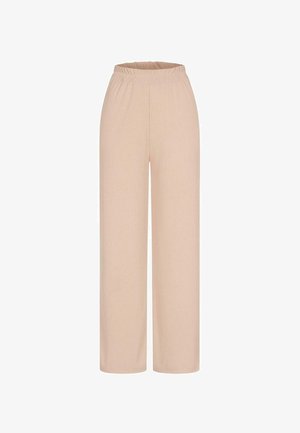 Svijetlosmeđi široki hlače od mekog, rastezljivog materijala. Elastična gumica u struku i glatka tekstura, bez vidljivih uzoraka ili dodataka.