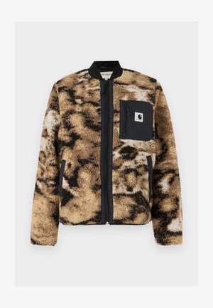 Pruun ja must sherpa jakk, millel on ees lukk, soonikkoes krae ja vasakul rinnal kontrastset mustast kangast tasku.