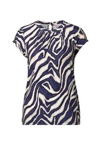 Top corto a maniche corte di colore blu navy con stampa zebra testurizzata in beige e bianco; presenta un colletto arricciato e una cerniera discreta sul retro.