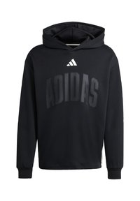 Czarna bluza z kapturem wykonana z miękkiego materiału. Posiada duże logo "ADIDAS" w ciemnoszarym kolorze, ściągacze u dołu rękawów oraz klasyczny krój.