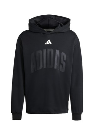 Crna dukserica s kapuljačom od mekog materijala. Ima veliki logo "ADIDAS" u tamnosivoj boji, rebraste manžete i klasičan kroj.