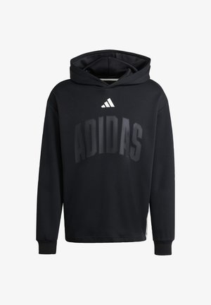 Crna dukserica s kapuljačom od mekog materijala. Ima veliki logo "ADIDAS" u tamnosivoj boji, rebraste manžete i klasičan kroj.