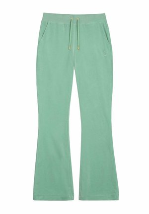 Pantaloni della tuta verde chiaro in morbido tessuto, con vita regolabile tramite cordoncino e dettagli dorati, e tasche laterali. Design a gamba svasata.