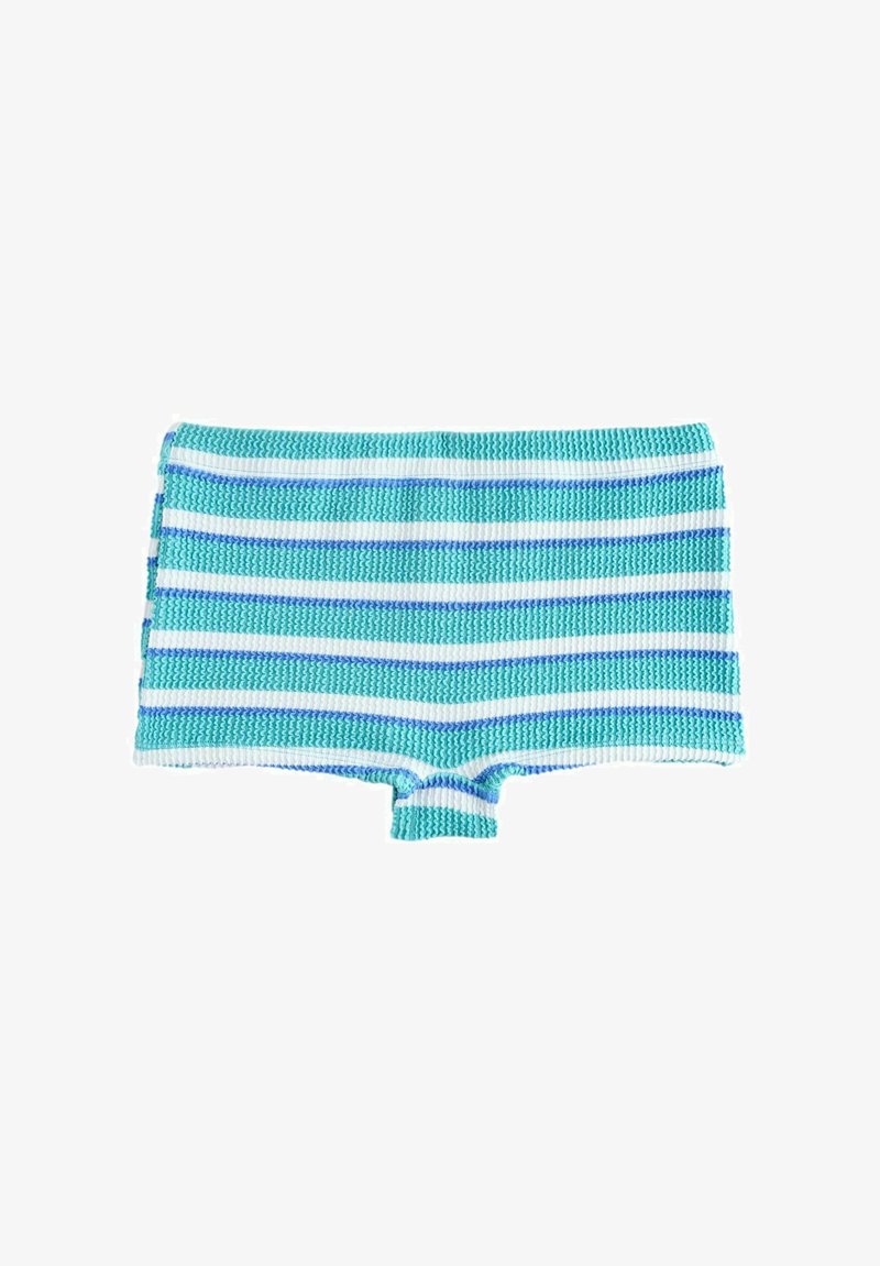 Shorts de bain rayés aux teintes aqua, blanc et lavande. Confectionnés en tissu tricoté texturé avec une coupe taille mi-haute et une taille élastiquée.