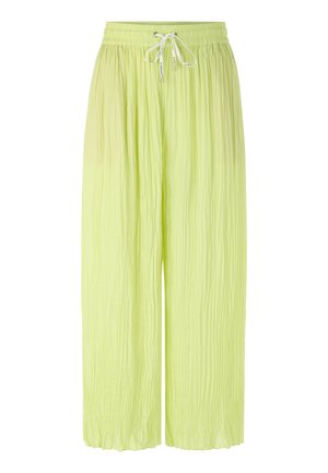 Light green wide-leg pants with an elastic waistband and white drawstring, featuring a textured crinkled fabric.
