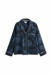 Navy blue satin pajama top with floral pattern, pink piping, long sleeves, notch collar, and chest pocket. Button-down front.