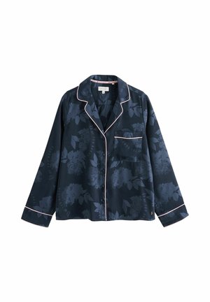 Tamsiai mėlynas satino pižamos viršus su gėlių raštu, rožinės spalvos apvadu, ilgomis rankovėmis, notch apykakle ir krūtine kišene. Mygtukų užsegimas priekyje.