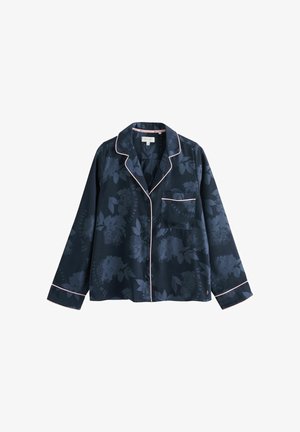 Navyblaues Satin-Pyjama-Oberteil mit Blumenmuster, pinker Paspelierung, langen Ärmeln, Reverskragen und Brusttasche. Mit Knopfleiste.