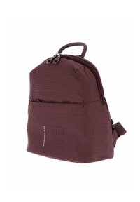 Sac à dos compact de couleur rouge foncé avec un petit motif à pois, poche zippée à l'avant, deux tirettes de zip sur le dessus et une poignée courbée.