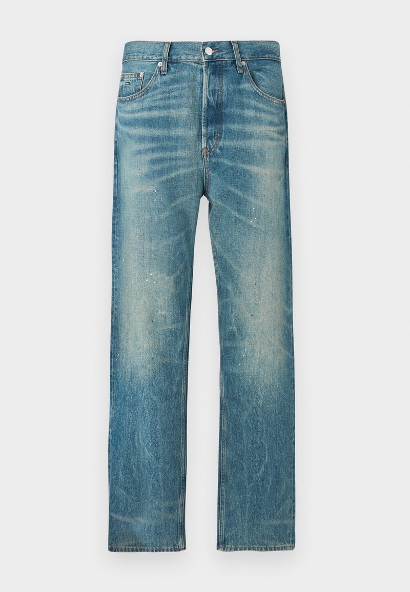Blue denim jeans with a straight-leg cut, faded wash, subtle speckled details, and standard five-pocket design with a metal button closure.