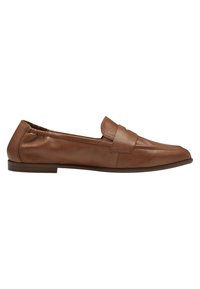 Brown leather loafers with a smooth texture, flat sole, and a stitched band across the front, showcasing a minimalistic design.