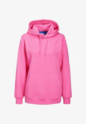 Růžová mikina s kapucí vyrobená z měkké tkaniny. Obsahuje přední klokaní kapsu, šňůrky na kapuci a žebrované manžety a lem.