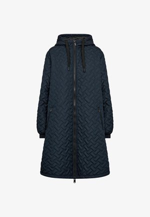 Cappotto lungo trapuntato blu navy con cappuccio, dotato di zip frontale, cordini regolabili e tasche laterali con zip. Motivo texture a spina di pesce.