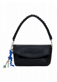 Black leather handbag with a chunky braided handle, embossed logo, and decorative charms in blue, green, and animal print hanging from a side.