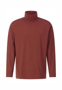 Langärmliger Rollkragenpullover aus rostfarbenem Baumwollmaterial mit lockerer Passform, minimalem Logo-Detail auf der Brust und glatter Textur.